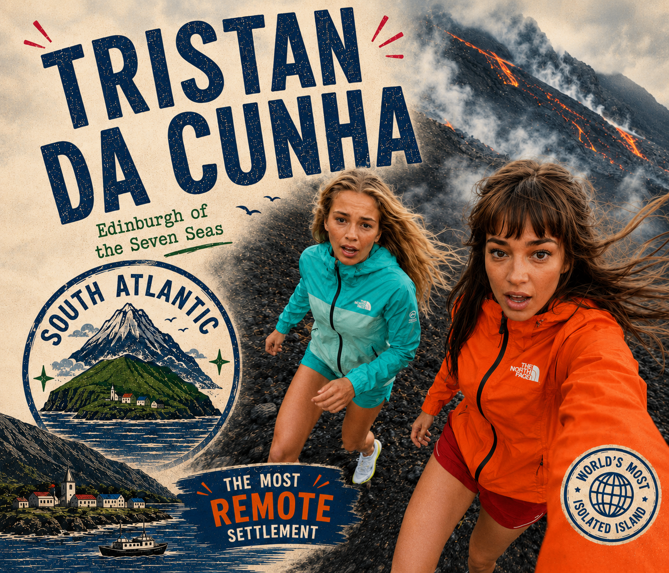 Vera and Mila running on volcanic terrain on Tristan da Cunha as the volcano erupts in the background