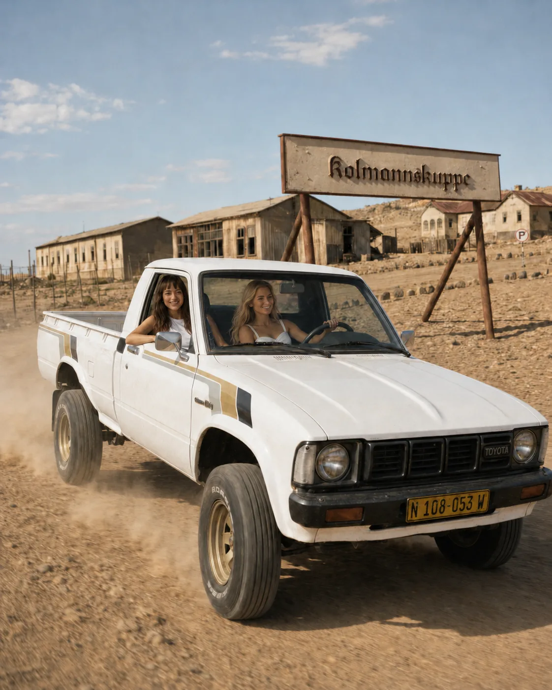 Vera and Mila driving through Kolmanskop in a white pickup truck