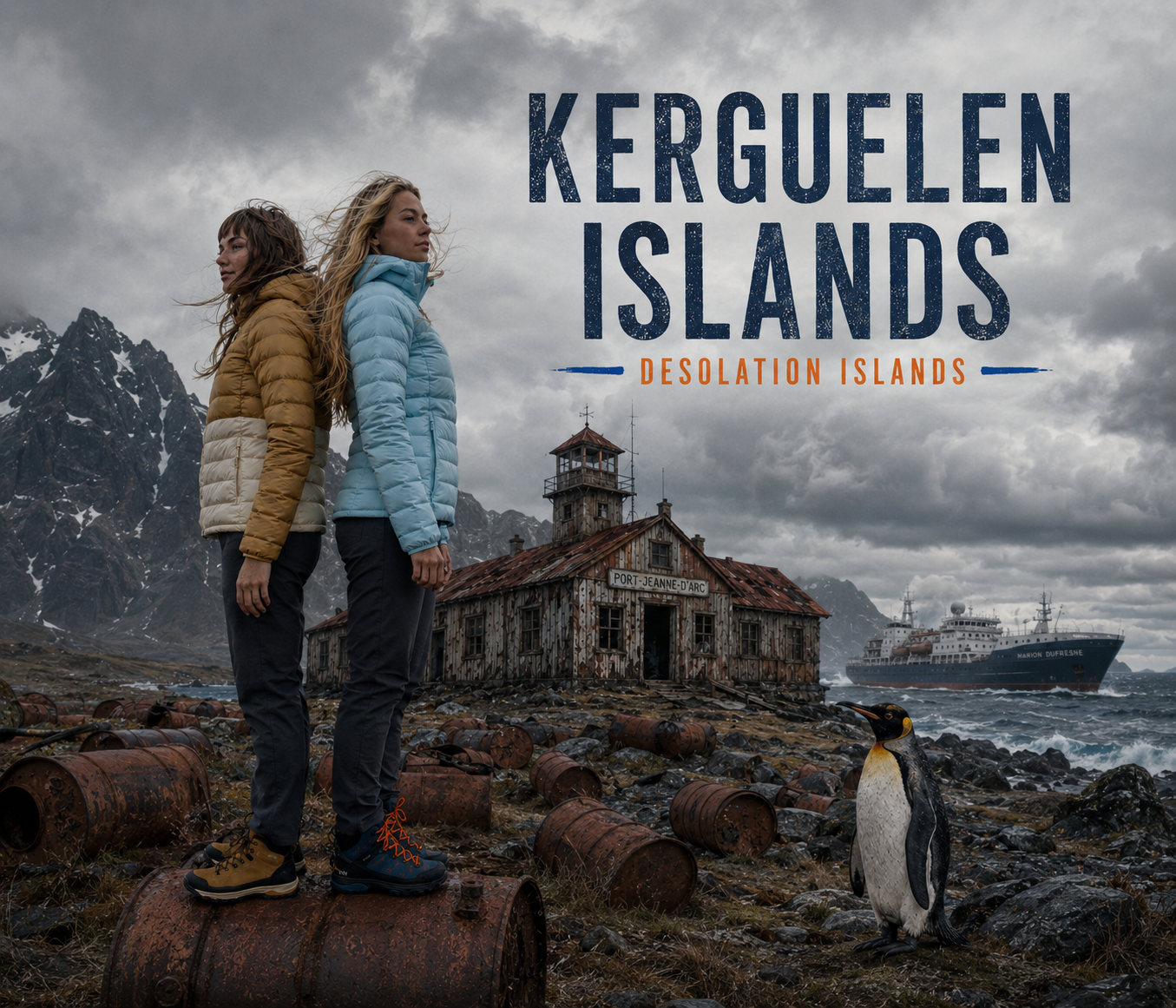 Kerguelen Islands destination poster — Vera and Mila at the abandoned Port-Jeanne-d'Arc whaling station with the Marion Dufresne ship, a king penguin and rusted barrels in the foreground