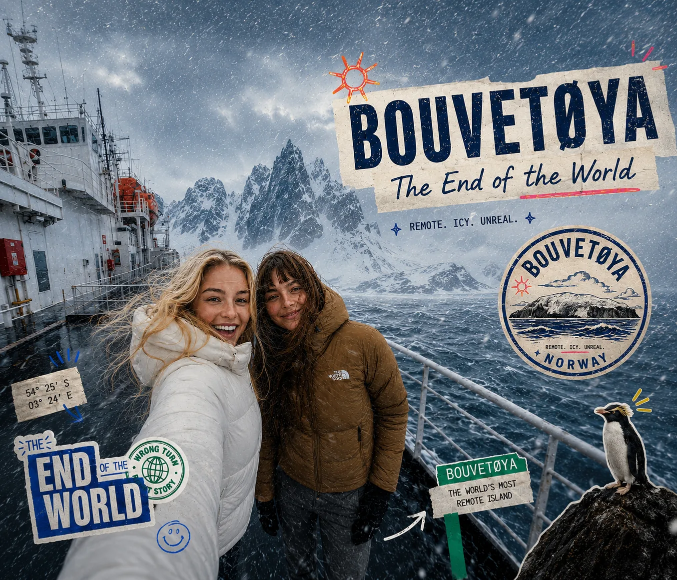 Vera and Mila on an expedition ship approaching Bouvetøya