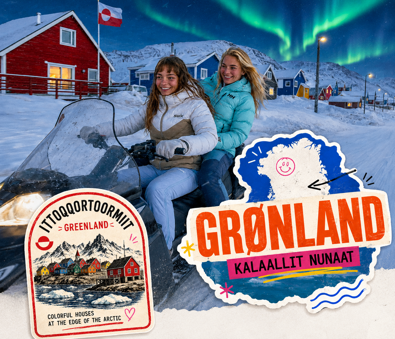 Ittoqqortoormiit destination poster — Vera and Mila under the aurora borealis with colorful Greenland houses and a polar bear silhouette